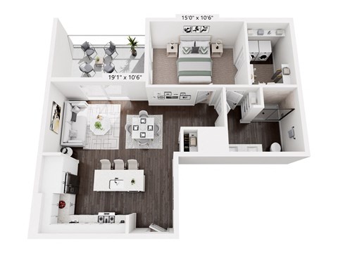 Floor plan for 1 bed, 1 bath, 847 sqft